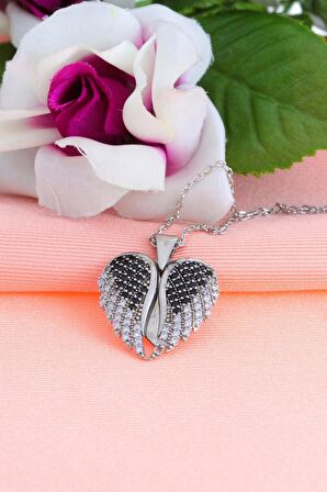 Açılabilir Kanatlı Kalp Model Zirkon Taşlı Gümüş Kolye