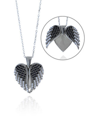 Açılabilir Kanatlı Kalp Model Zirkon Taşlı Gümüş Kolye