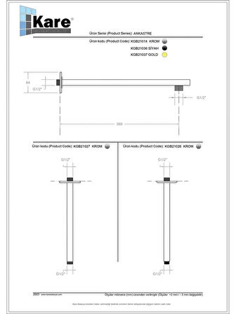 KARE Ankastre Tepe Duşu Borusu Krom 40 Cm