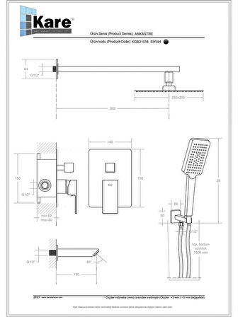 KARE ANKASTRE SİYAH BANYO SETİ  3 YOLLU