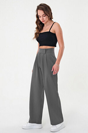 Kadın Antrasit Yüksek Bel Cırtlı Palazzo Pantolon