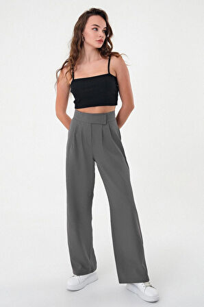 Kadın Antrasit Yüksek Bel Cırtlı Palazzo Pantolon