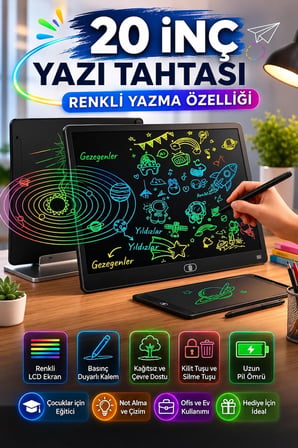 20 Inc Renkli Lcd Grafik Dijital Kalemli Çizim Tableti Yazı Tahta Not Yazma Eğitim Tableti Siyah