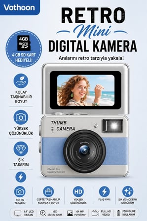 Retro Mini Dijital Kamera 1080P 1.47 İnç Flip Ekranlı Flaşlı Selfie Vlog Kamerası 4Gb Sd Hediyeli Ma