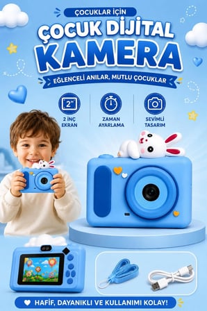 Mini Çocuk Kamerası 2 İnç Ekranlı Fotoğraf Video Çekimli Şarjlı Silikon Korumalı Dijital Kamera