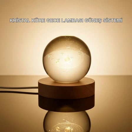 Kristal Gezegen Küre Ahşap Tabanlı Usb Işıklı Gece Lambası