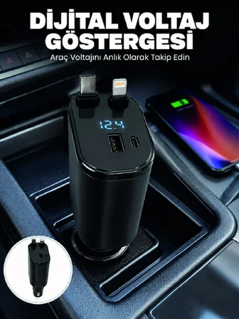 4 Cihazı Aynı Anda Şarj Eden Araç Şarj Cihazı Usb-a, Usb-c, Type-c Ve Lightning Destekli