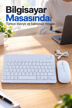 Bluetooth Klavye Mouse Seti Türkçe Tuş Dizilimli Beyaz