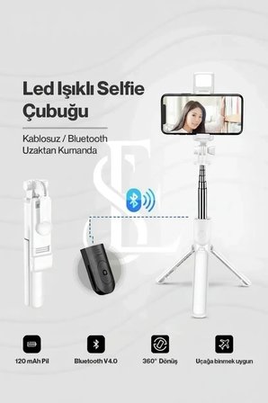 Led Işıklı Selfie Çubuğu Bluetooth Kumandalı Kablosuz Tripot Selfie Monopod Selfie Stick (Beyaz)