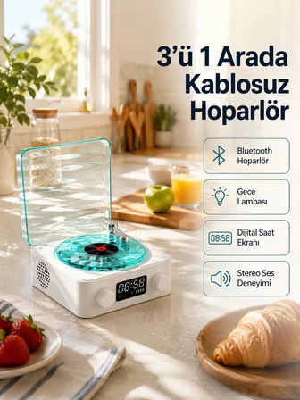 Bluetooth Hoparlör – 3-ü-1 Saatli Gece Lambası Ve Vintage Tasarım