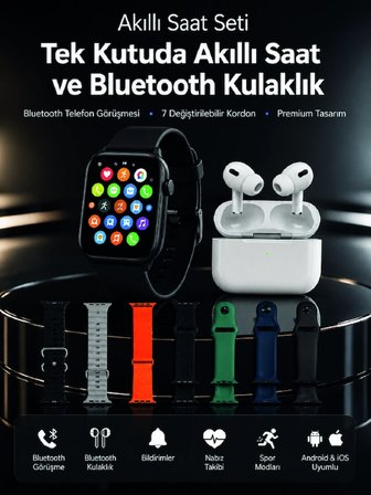 7 Kordonlu Akıllı Saat Ve Bluetooth Kulaklık Seti Nabız Takibi, Bildirimler Ve Spor Modları