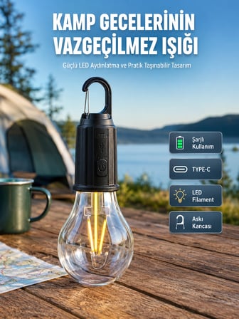 Şarjlı Aydınlatma Ampul Tasarımlı Ambians Işık Askılı Kamp Lambası