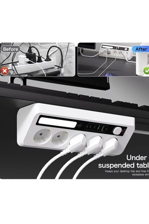 5’li Akım Korumalı Priz 2500w | 2 Usb + 2 Type-c Hızlı Şarj | Led Gece Lambalı | Dokunmatik Beyaz