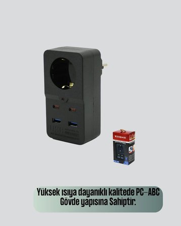 Isıya Dayanıklı Pc Gövdeli Akım Korumalı Priz 4 Usb Yeni Nesil