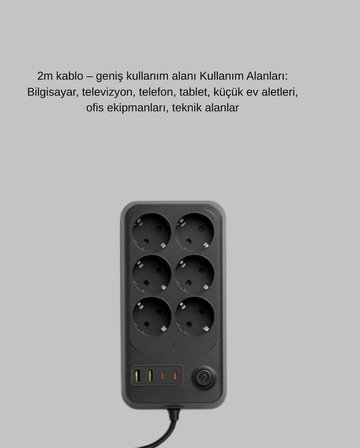Akım Korumalı 6’lı Priz 2xusb 2xtype-c Çıkış Yüksek Gerilim Koruma Çoklu Priz Çoğaltıcı