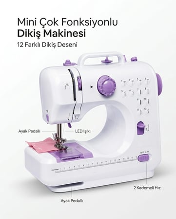 Çok Fonksiyonlu Mini Dikiş Makinesi 12 Dikiş Seçenekli 2 Kademeli Hız Ayarlı