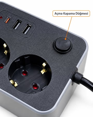 Çalışma Alanlarına Uygun Anahtarlı Usb Ve Type C Şarj Çıkışlı Kablolu Çoklu Priz