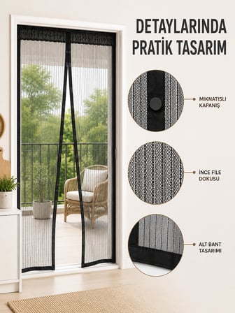 Mıknatıslı Kapı Sinekliği Otomatik Kapanan Siyah File Balkon Ve Teras Sinekliği