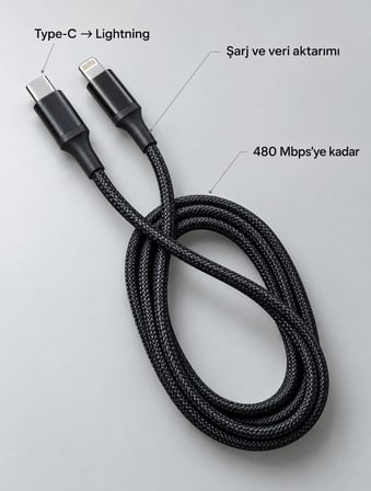 Type C Lightning Örgülü Şarj Ve Veri Kablosu 2 Metre