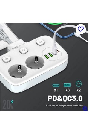 Akım Korumalı 2’li Ayrı Anahtarlı Priz, 2x Priz, 3x Usb, 1x Type-c, 2 Mt Kablo, Hızlı Şarj