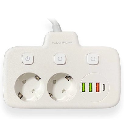 Akım Korumalı 2’li Ayrı Anahtarlı Priz, 2x Priz, 3x Usb, 1x Type-c, 2 Mt Kablo, Hızlı Şarj
