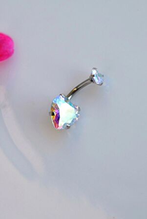 Çelik Hologram Kalp Göbek Piercing Gümüş Renk