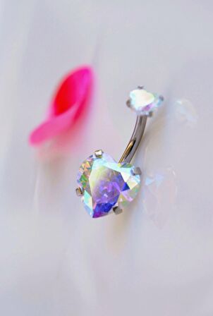 Çelik Hologram Kalp Model Tektaş Göbek Piercing Gümüş Renkli