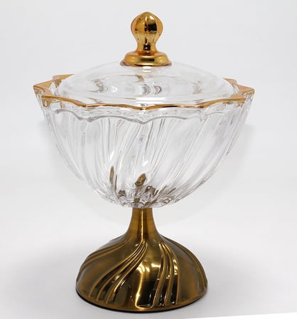 Evimdeyokyok Metal Ayaklı Kristal Cam Şekerlik Gold Detaylı Sunumluk 11x19x22 cm