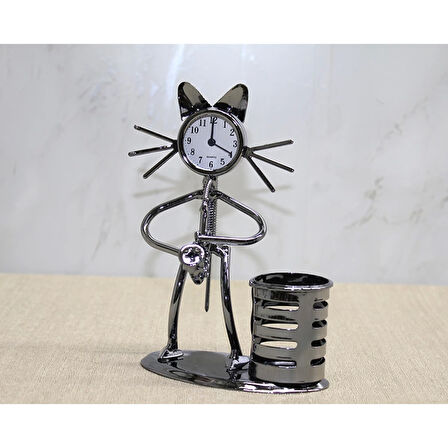 Metal Saksafon Çalan Kedi Müzisyen Saat Ve Kalemlik Alk4343