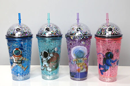 Sevimli Astronot Işıklı Pipetli Pullu Suluk & Bardak 400 Ml Alk3148