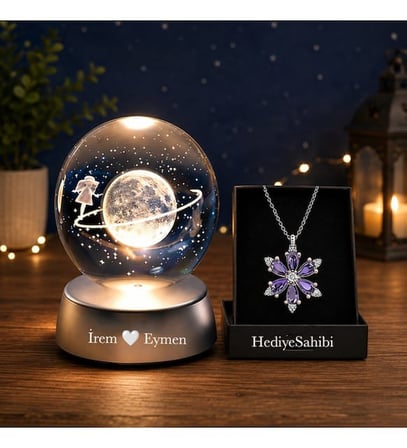 Kişiye Özel Işıklı Satürn Cam Küre & Lotus Çiçeği Kolye ve Vintage Kar Küresi Kum Saati Dekoratif He