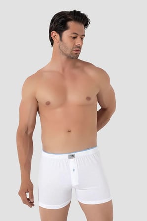 Delux Serisi Düz Yaş Grubu Giyim Koleksiyonu Erkek Beyaz Düğmeli Boxer 3'lü Paket %100 Pamuklu Penye