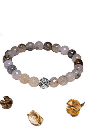 Sertifikalı Fasetli Aaa+ Siyah Beyaz Çizgili Akik Taşı Bileklik - Gümüş Aparatlı