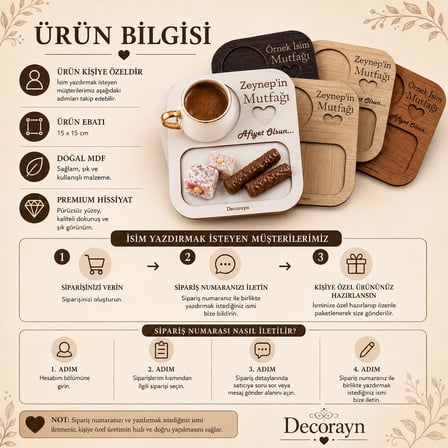 Kişiye Özel 6 Kişilik İsimli Kahve Sunum Tepsisi