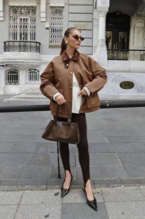 Kadın Kahverengi Kadife Yaka Dolgulu Çift Cepli Ceket