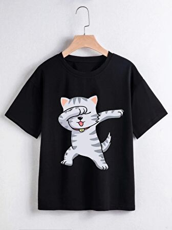 Unısex Rahat Kalıp Pamuklu Havalı Kedicik Baskılı Çocuk T-shirt