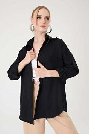 Tek Cepli Oversize Keten Gömlek- Siyah