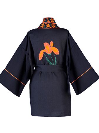 Siyah Çiçek Nakışlı Kimono Şort Takım