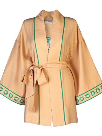 Taba Çiçek Nakışlı Kimono