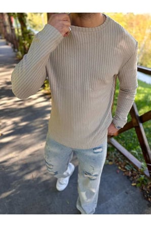 Sweatshirt Uzun Kollu Tişört Fitilli Bisiklet Yaka Yumuşak Dokulu Tüylenmez Pamuklu Sweatshirt