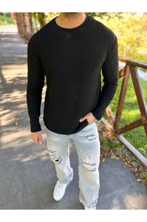 Sweatshirt Uzun Kollu Tişört Fitilli Bisiklet Yaka Yumuşak Dokulu Tüylenmez Pamuklu Sweatshirt