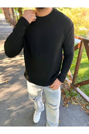 Sweatshirt Uzun Kollu Tişört Fitilli Bisiklet Yaka Yumuşak Dokulu Tüylenmez Pamuklu Sweatshirt