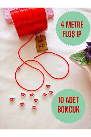 4 METRE FLOŞ İP SIÇAN KUYRUĞU KALINLIĞI 2mm KIRMIZI BİLEKLİK TAKI HEDİYELİK İPİ VE 10 LOVE BONCUK