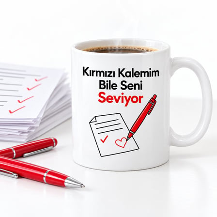 Kırmızı Kalemim Bile Seni Seviyor Tasarımlı Porselen Kupa - MODEL 392