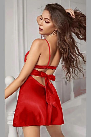 Kadın Kırmızı Saten Gecelik Şık Bağlamalı Tasarım