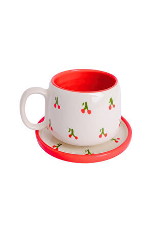 2 Adet Kiraz Desenli Tabaklı Double Seramik El Yapımı Kupa, Seramik Kupa, Handmade, Kahve Kupası
