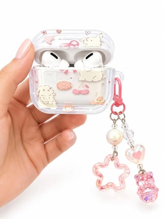 AirPods Pro 3 Uyumlu Şeffaf Simli Koruyucu Kılıf - Sevimli Tavşan ve Kiraz Desenli, Pembe Boncuk Zincirli ve Yıldız Aparatlı Kulaklık Kılıfı