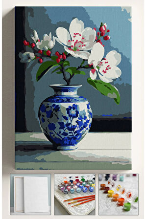 Sayılarla Boyama Seti Numaralı Tuval Fırça Boya KIRMIZI ÇİÇEK VAZO 40X50 Cm