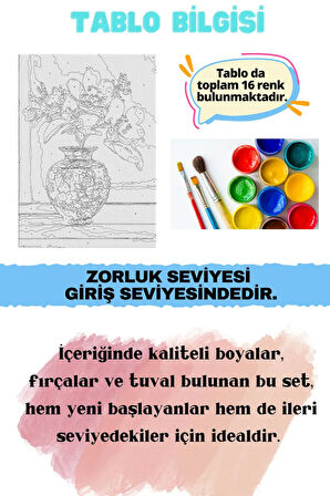Sayılarla Boyama Seti Numaralı Tuval Fırça Boya KIRMIZI ÇİÇEK VAZO 40X50 Cm