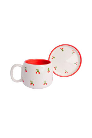 Beyaz Kiraz Desenli Tabaklı Double Seramik El Yapımı Kupa, Seramik Kupa, Handmade, Kahve Kupası